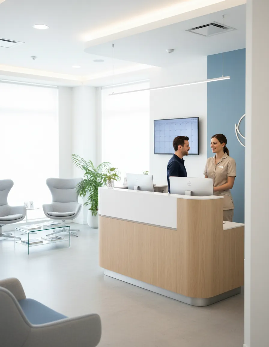 Modern UK dental practice with patient at reception