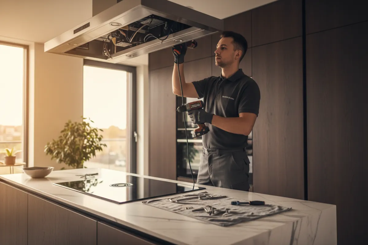 Technician working on an extractor hood in a modern kitchen, with warm natural lighting.