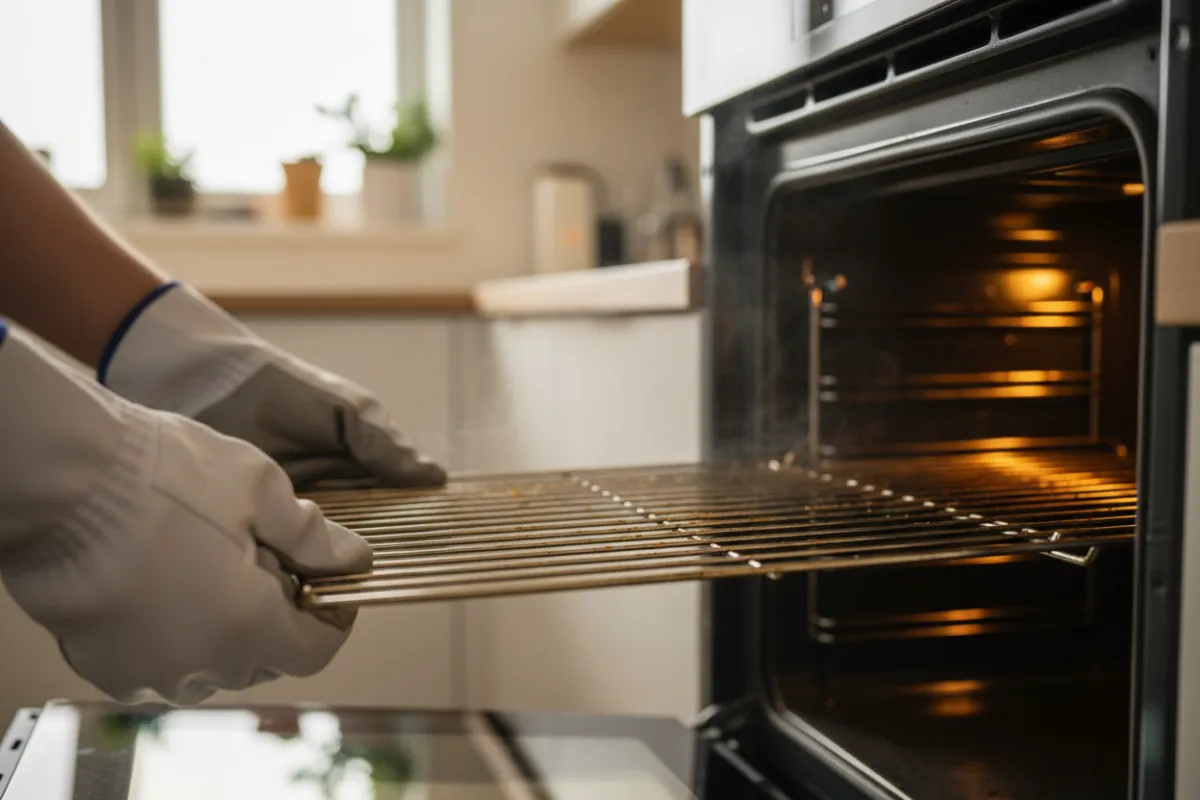 Technician removing an oven rack in a modern kitchen