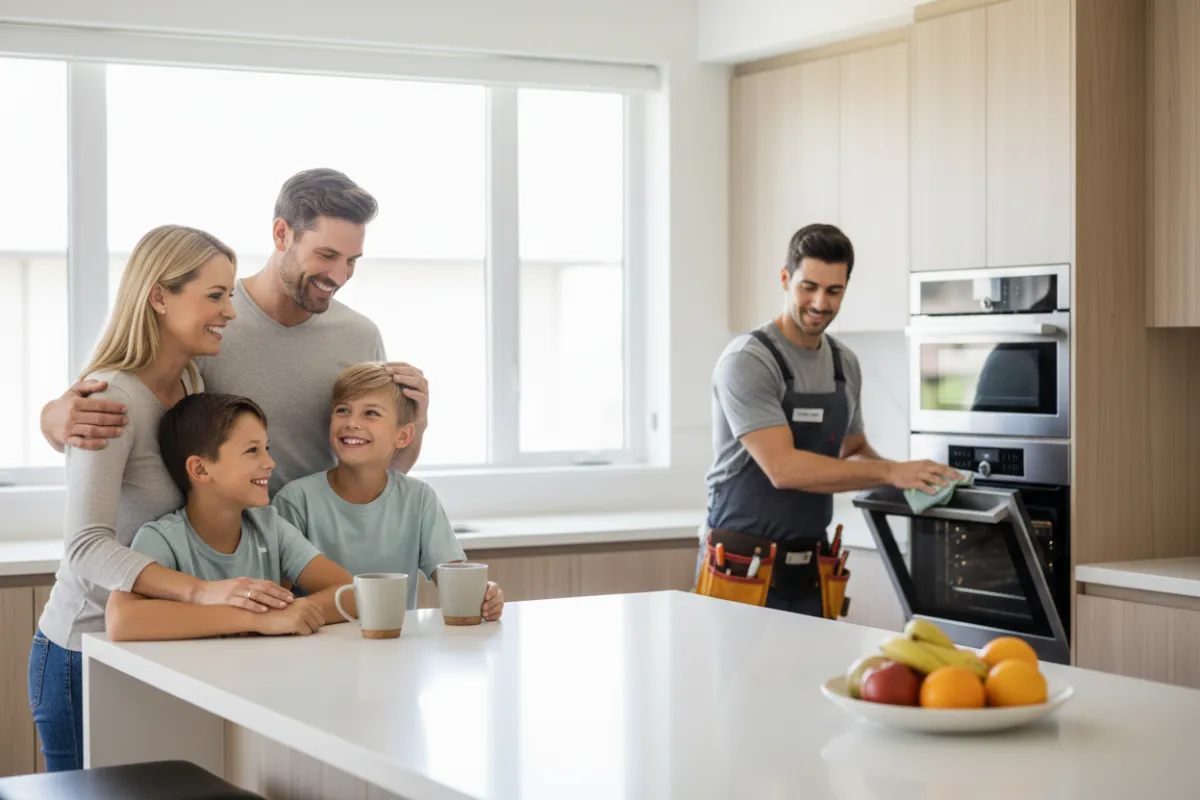 Family in a modern kitchen with a technician finishing up