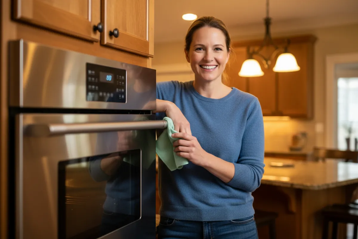 Smiling homeowner next to a freshly cleaned oven