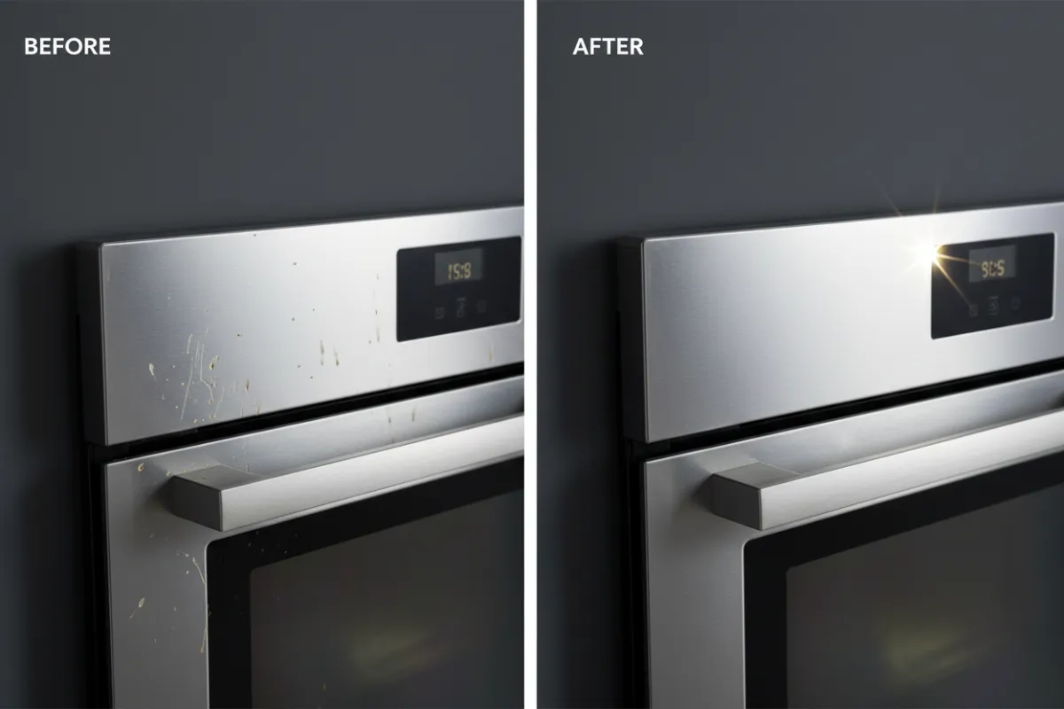 Close-up of stainless-steel oven door after a professional clean, showing sparkle and restored finish.