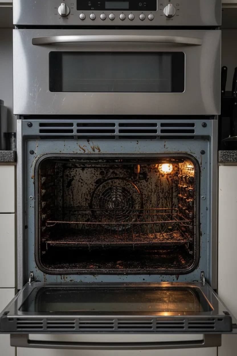 Before oven cleaning - heavily soiled oven interior