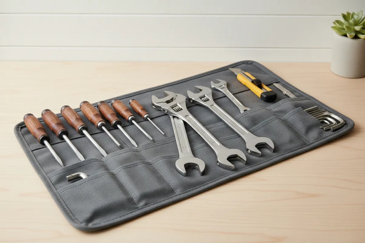 Editorial image of a tidy tool kit on a workbench