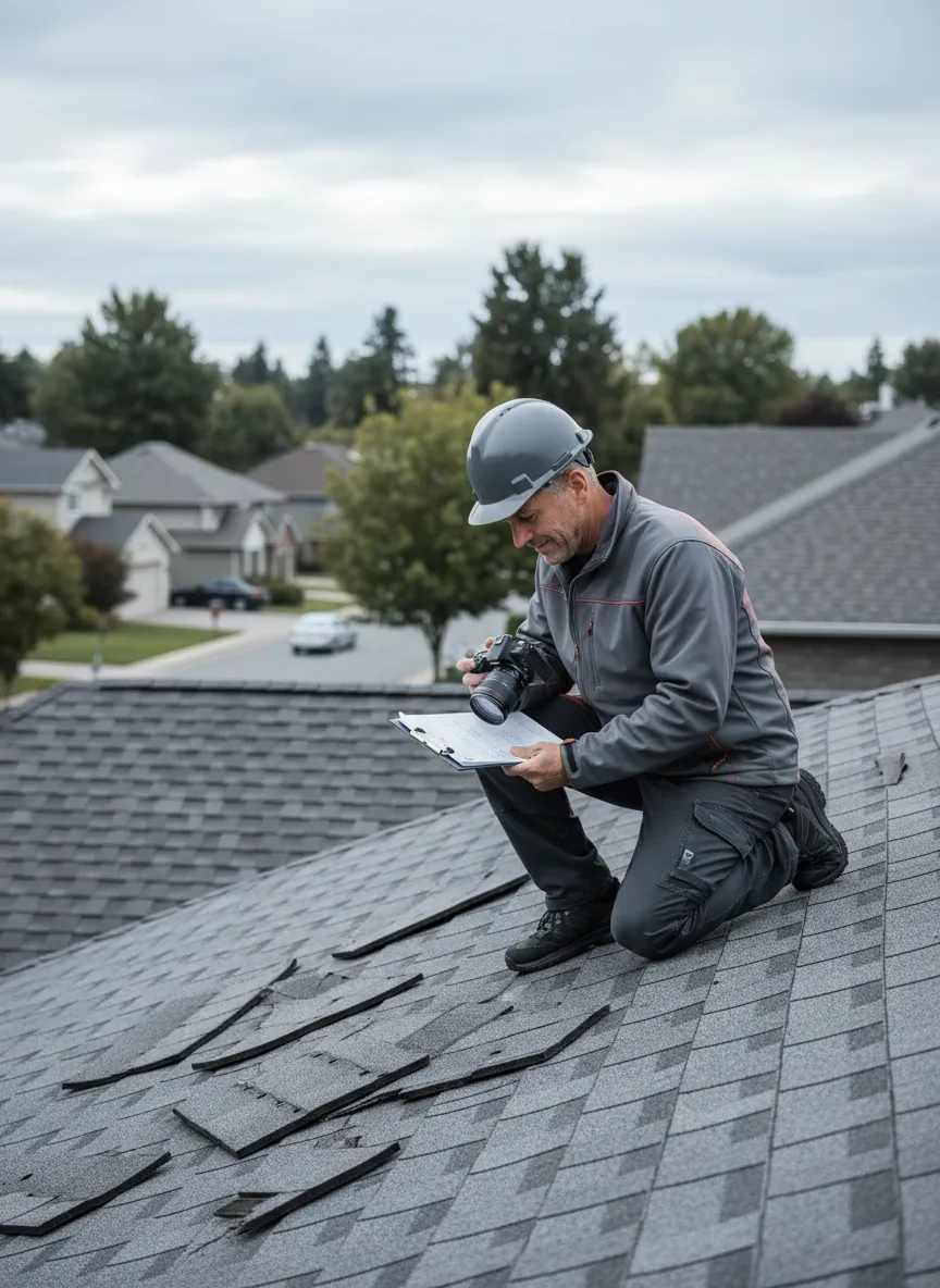 Roofing expert inspecting storm damage