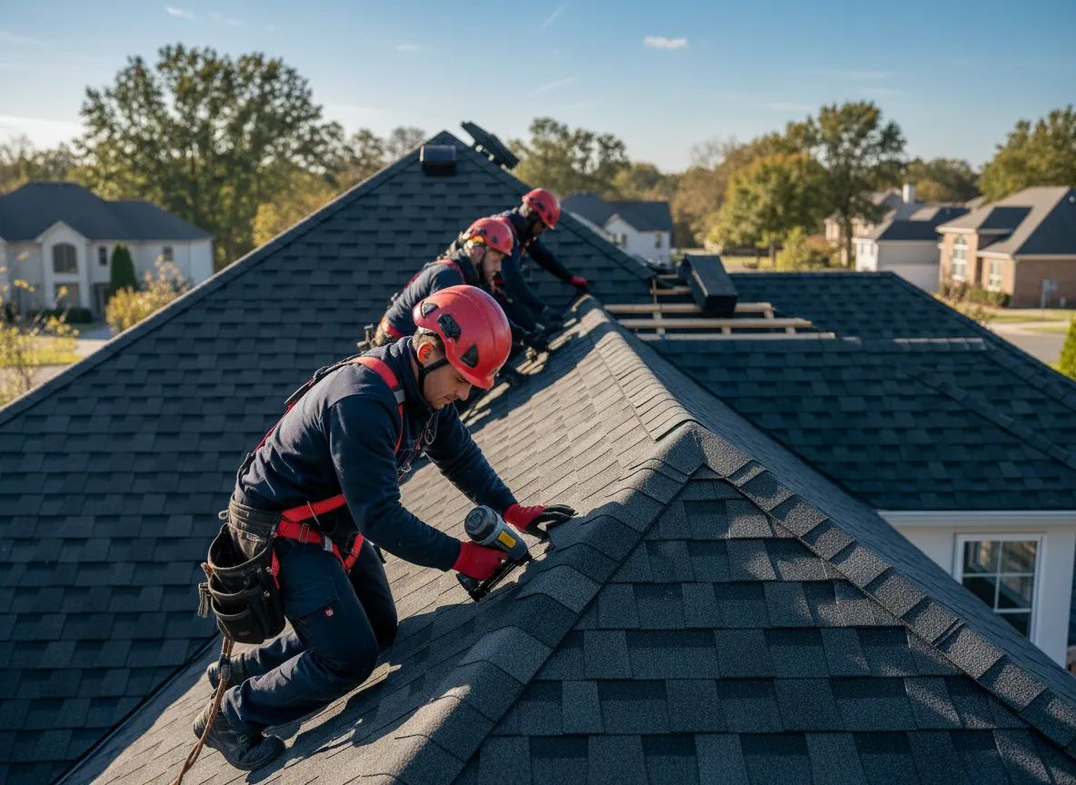 Professional roofing crew installing premium architectural shingles
