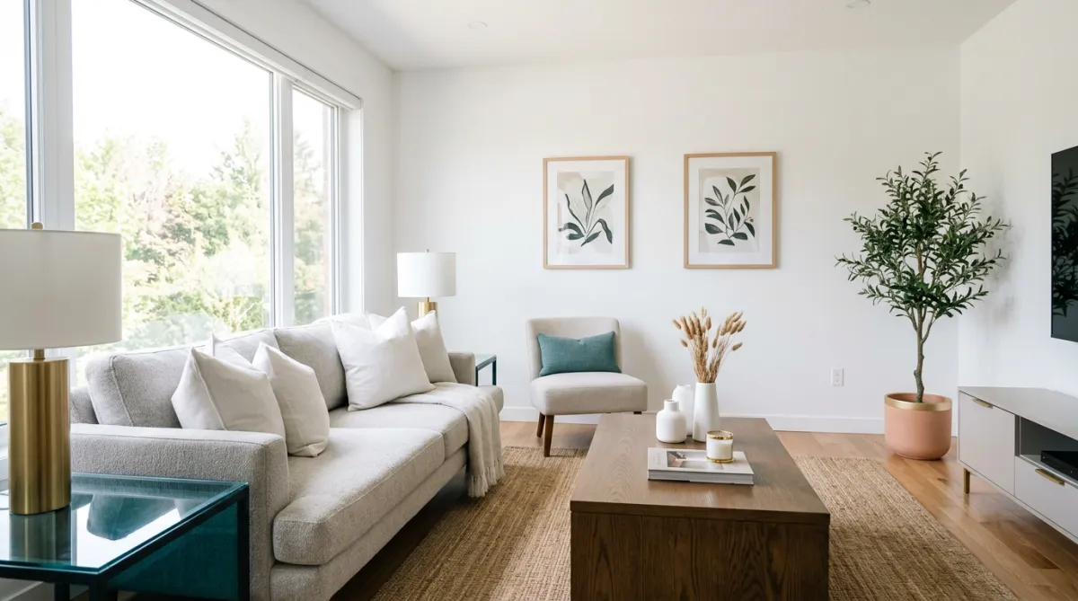 Sparkling modern living room cleaned with standard maintenance cleaning service