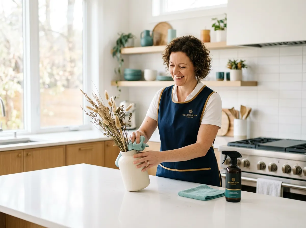 Dedicated Good Hands cleaner dusting and organizing a bright modern kitchen