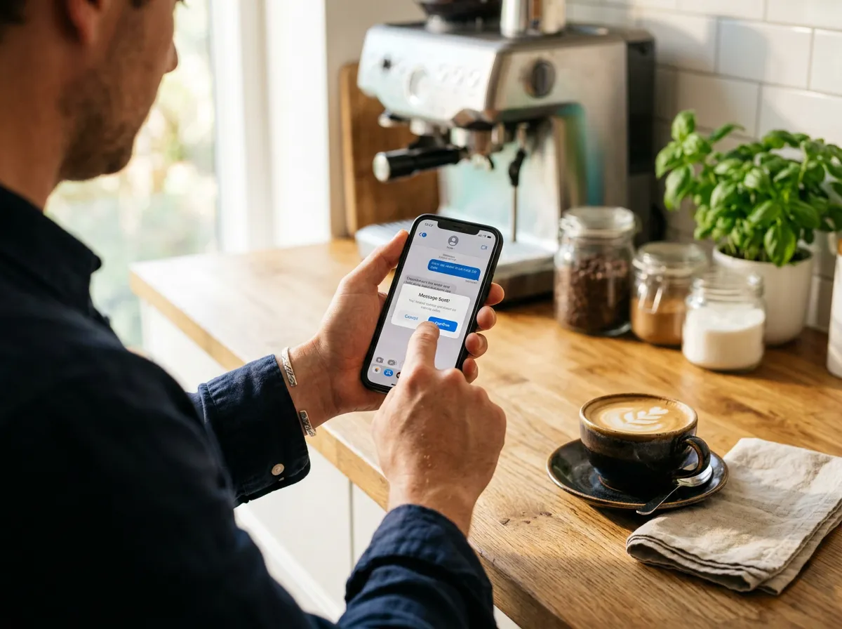 Homeowner receiving quick text confirmation and updates from Good Hands cleaning team