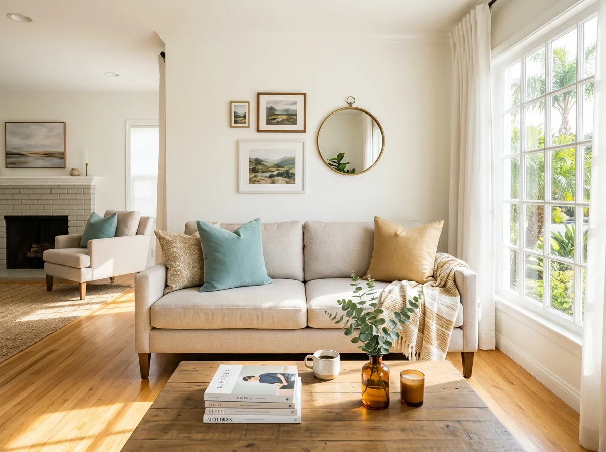 Spotless sunlit living space in an Orange County home cleaned by Good Hands Cleaning Services