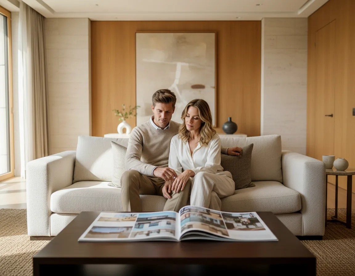 Couple in luxury living room reviewing real estate guide