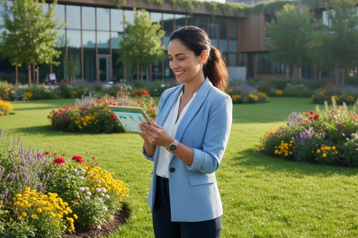 Administradora municipal sonriente revisando datos de riego en una tablet, rodeada de césped verde y flores, estilo fotográfico realista, luz de la mañana