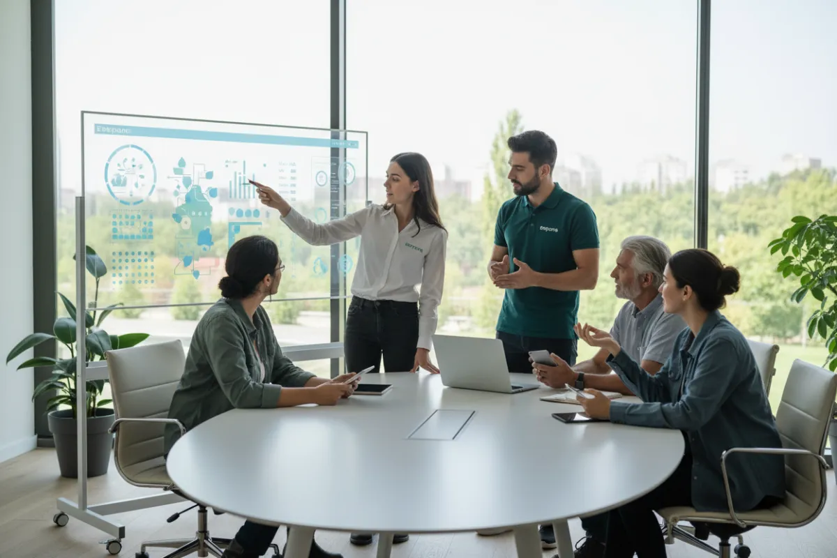 Equipo de soporte técnico de Etepora asesorando a un grupo diverso de administradores de jardines en una sala de reuniones moderna, estilo fotográfico realista, luz suave, ambiente profesional y colaborativo.