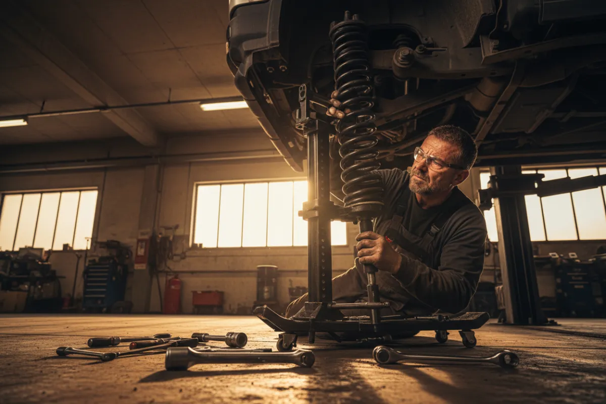 Mechanic performing spring maintenance checks on a motorcycle