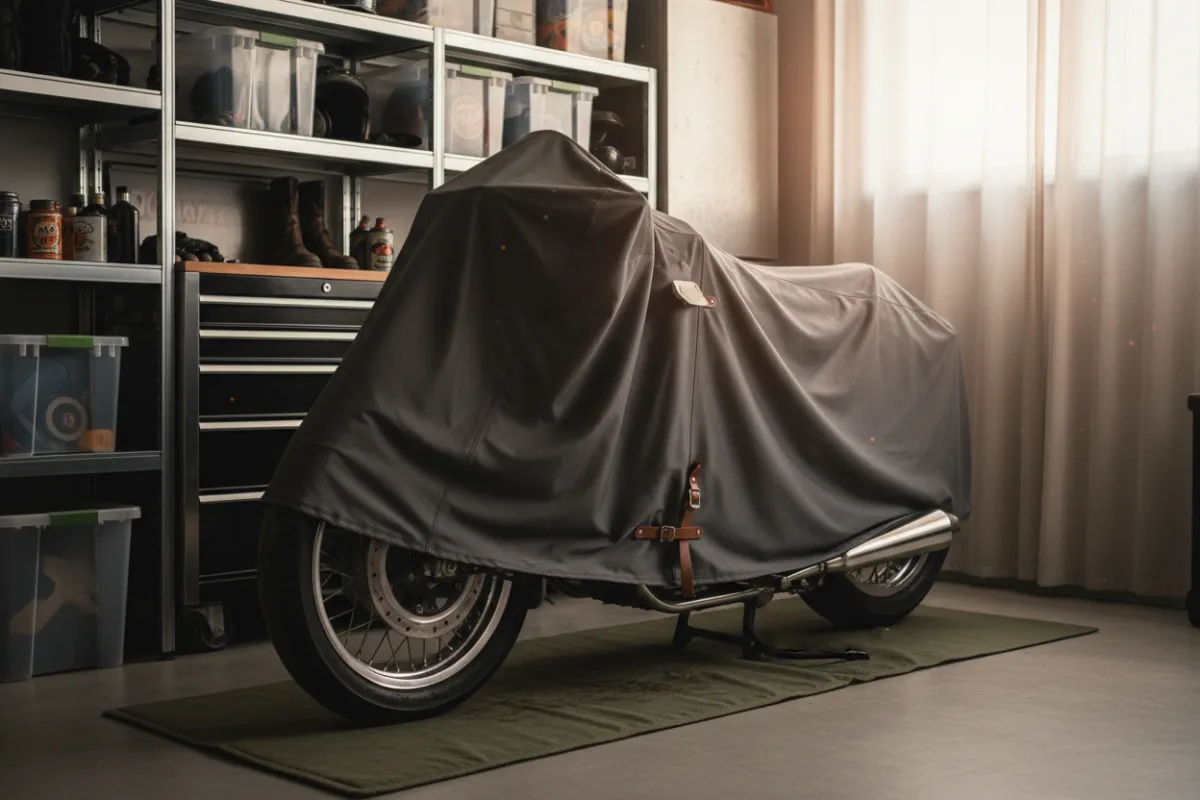 Motorcycle stored safely in a garage with a cover
