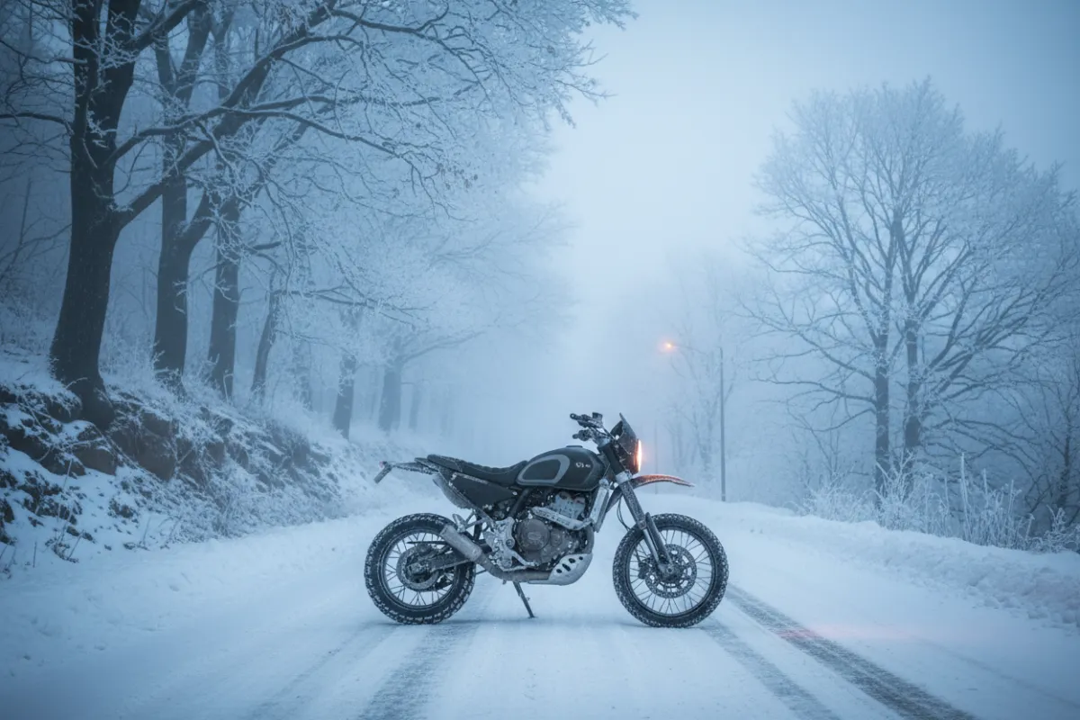 Motorcycle parked in winter conditions