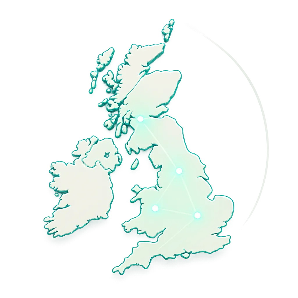 Stylized map of the United Kingdom showing coverage from Glasgow to the Highlands and Cornwall.