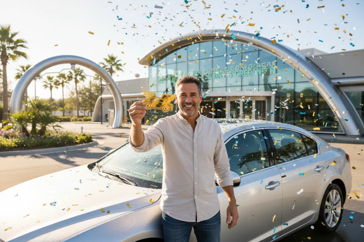 A smiling local driver holding a golden contest ticket beside a sparkling clean car, with confetti in the air, in front of a modern car wash facility. The scene is vibrant, celebratory, and conveys excitement about winning a year of free car washes.