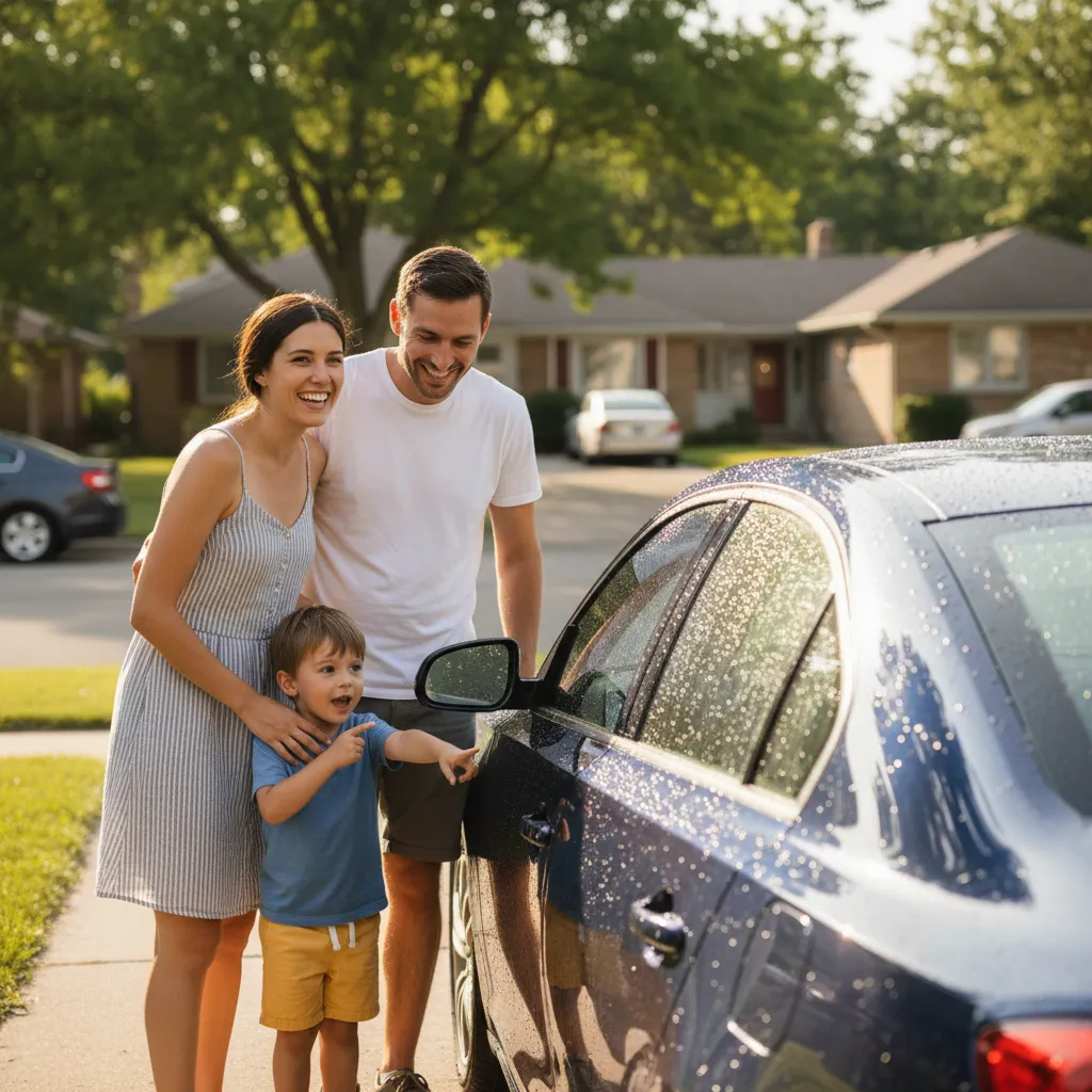 A family of three, including a young child, happily admiring their freshly cleaned car in a sunny driveway, with water droplets sparkling on the car’s surface. The background features a leafy suburban street, and the mood is cheerful and relaxed.