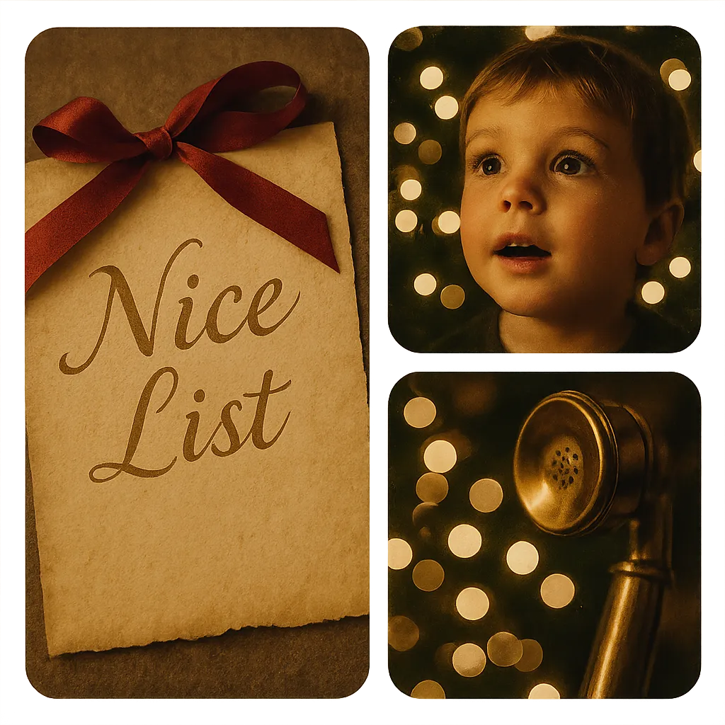 A warm holiday 3-panel composite showcase featuring a personalized Santa Nice List dossier, a child's hometown polar map, and Santa holding a golden quill pen