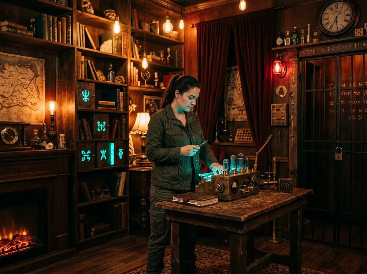Stanza Escape Room enigmatica ad alta tecnologia con enigmi e dettagli scenografici immersivi
