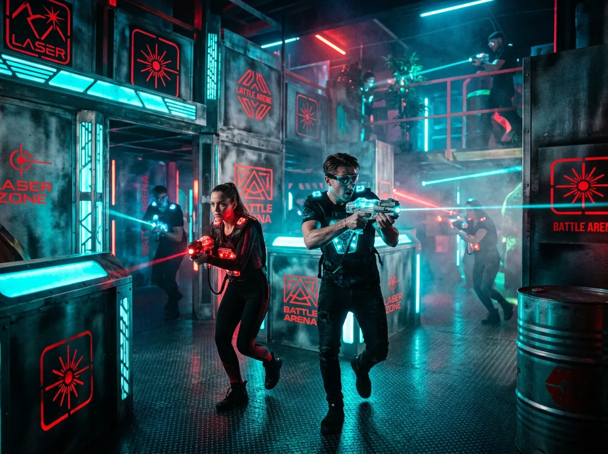 Arena Laser Game futuristica con fasci laser cyan e rossi immersi nel fumo scenico
