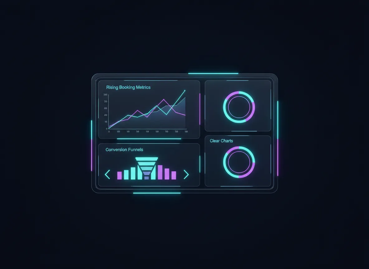 Dashboard mockup showing increased bookings and campaign performance for a small business.