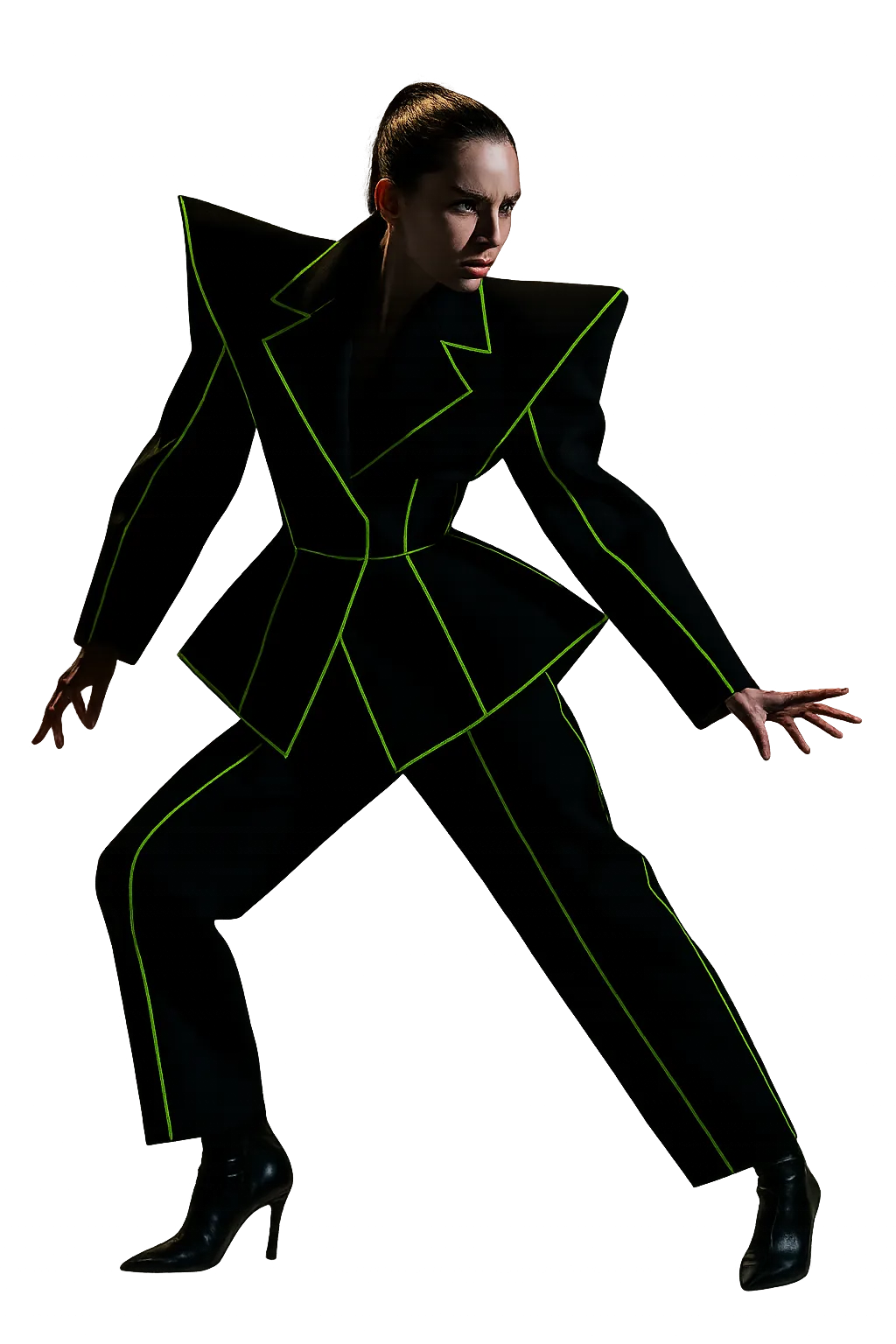 High fashion editorial cutout figure in avant-garde digital brutalist styling