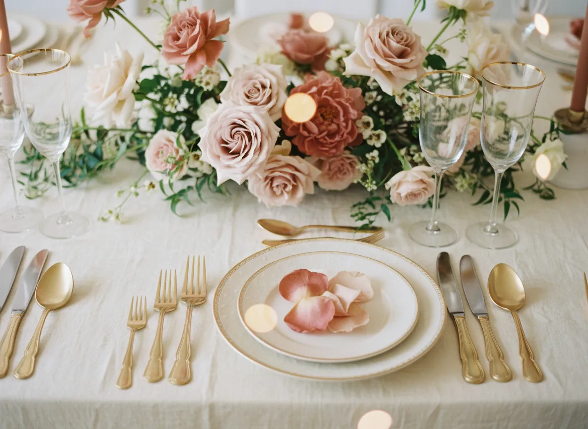 Luxurious table linens and centerpieces