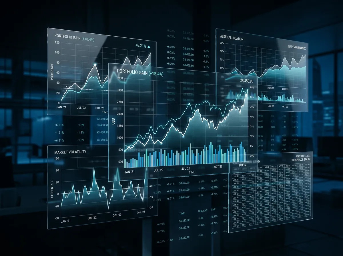 Desaturated high contrast quantitative financial data visualization with blueprint blue overlays