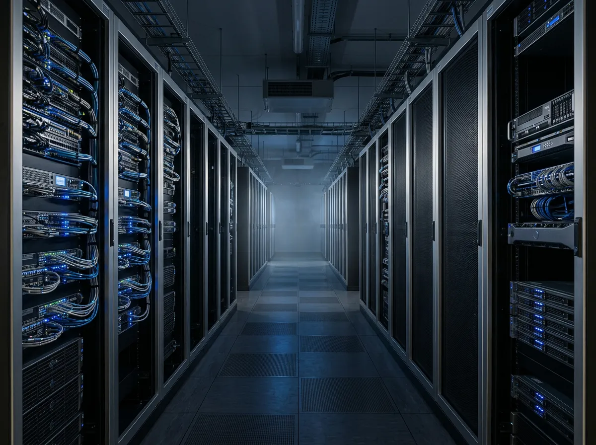 Desaturated high contrast architectural datacenter with blue light accents
