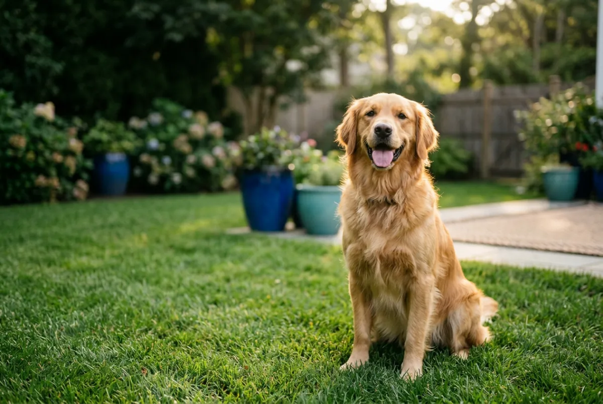 A happy golden retriever enjoying a fresh and clean green backyard