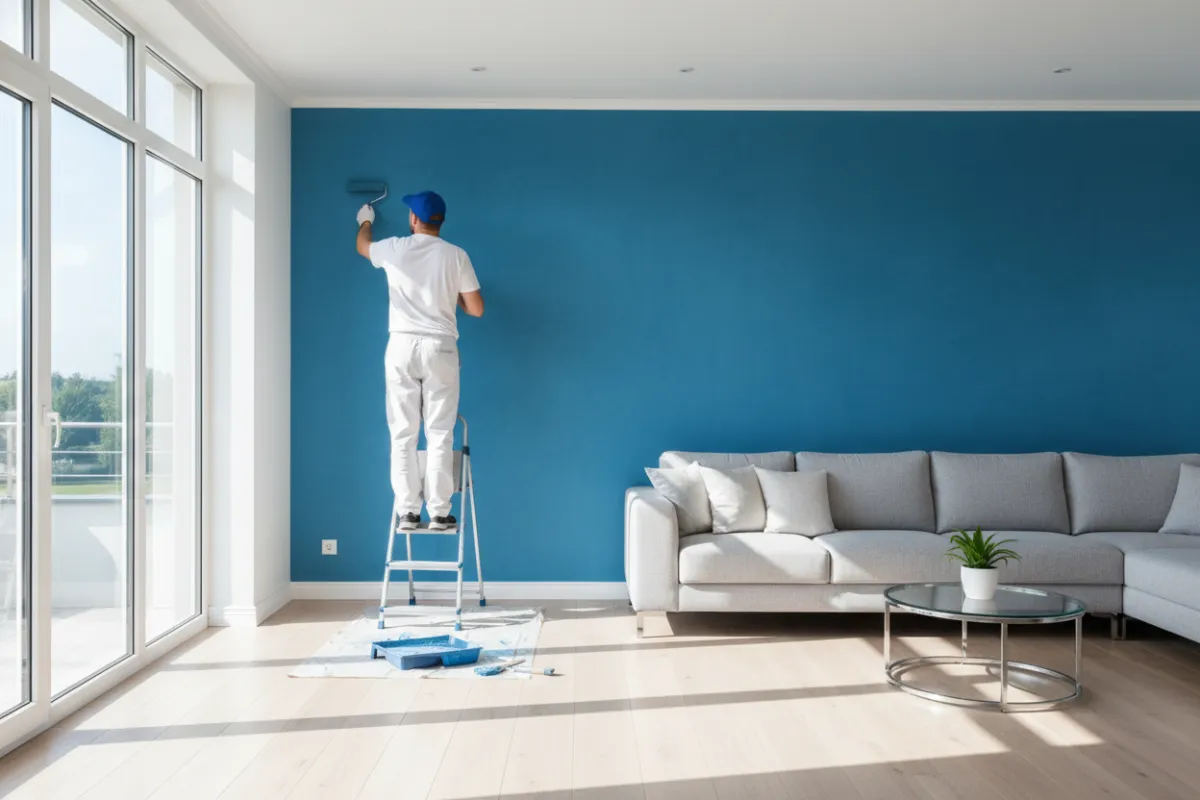 A modern living room with a freshly painted blue accent wall, sunlight streaming through large windows, and a professional painter in uniform applying finishing touches. The space is bright, inviting, and highlights the transformation achieved by expert painting services.