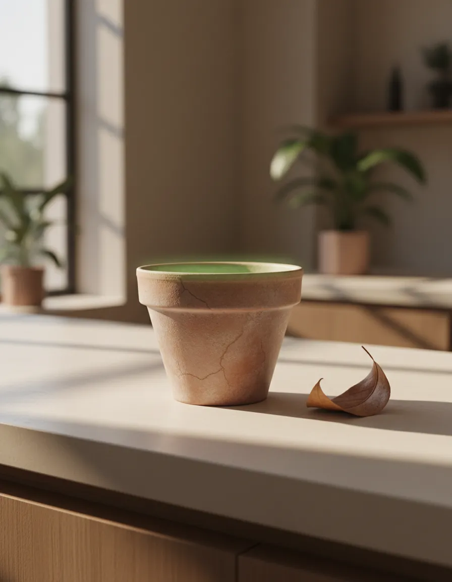 An elegant empty terracotta pot with a single fallen withered leaf next to it, symbolizing a plant parent in crisis.