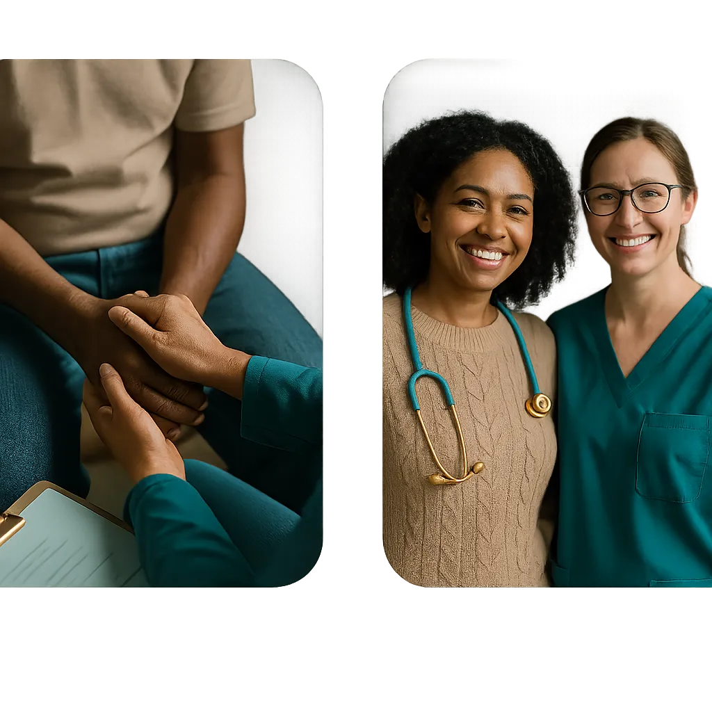 A diverse group of nurse practitioners collaborating, demonstrating shared purpose and professional connection