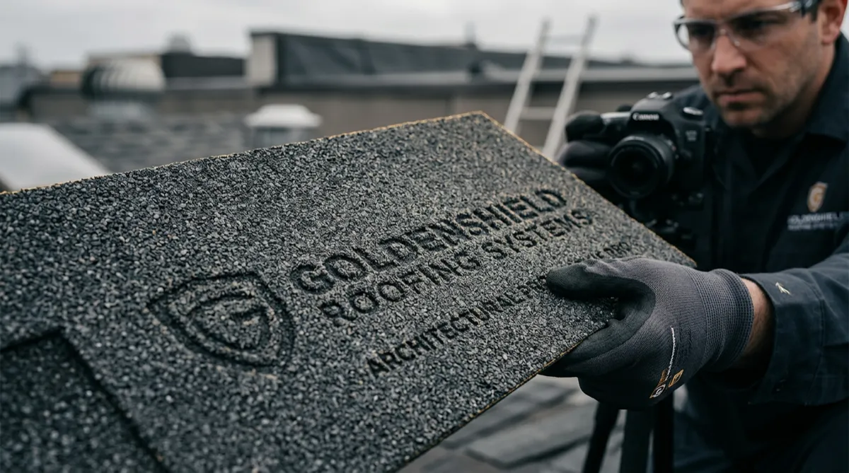 Professional roofing technician conducting a detailed shingle and flashing photo inspection