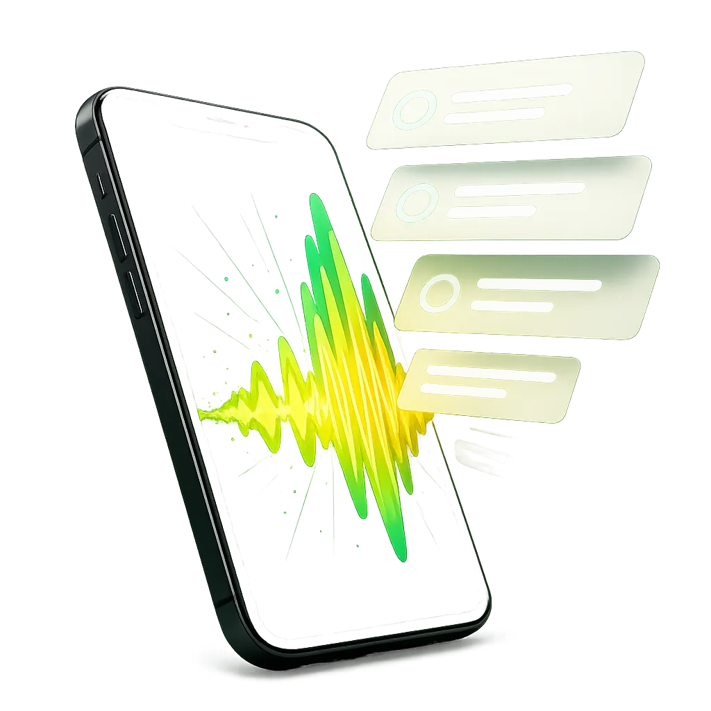 3D cutout of the mobile app showing a colorful voice waveform transforming into a clean task card