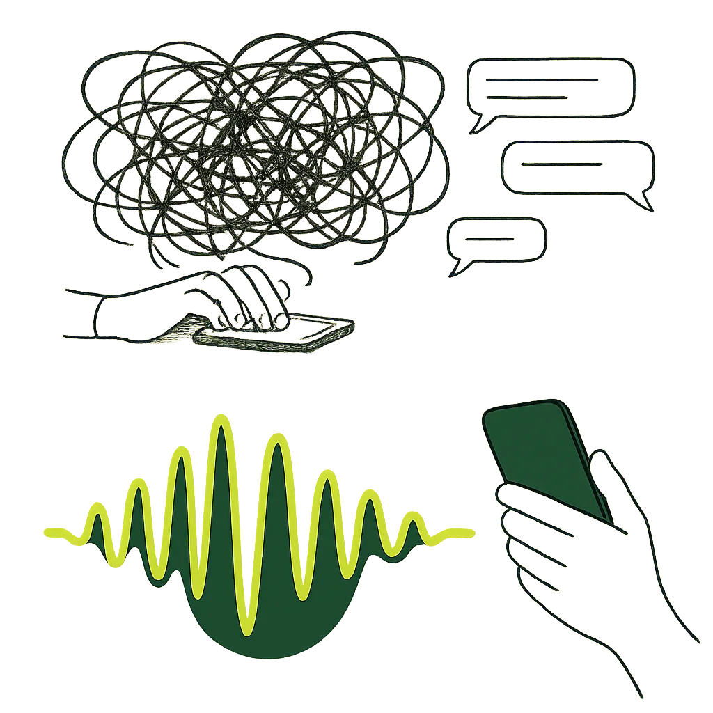A playful illustration comparing the chaos of texting with both hands to the simplicity of using a single voice note.