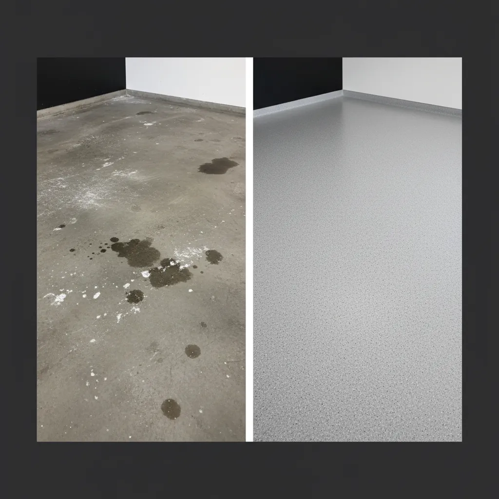 Avant et après plancher d'époxy par Construction Carl Breton inc