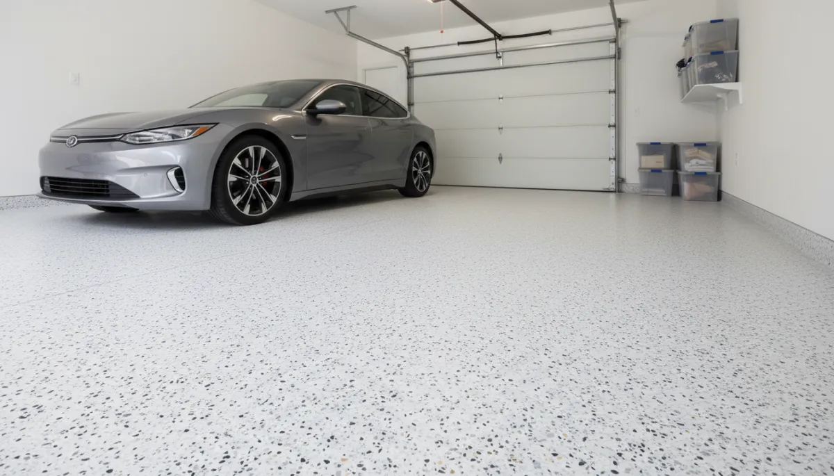 Plancher de garage en époxy flocons à Saint-Marie