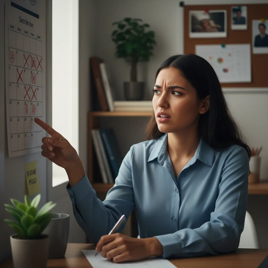 A Latina entrepreneur looks at a calendar with missed deadlines, her expression frustrated but hopeful. The background is a small, tidy office. The style is documentary and honest.