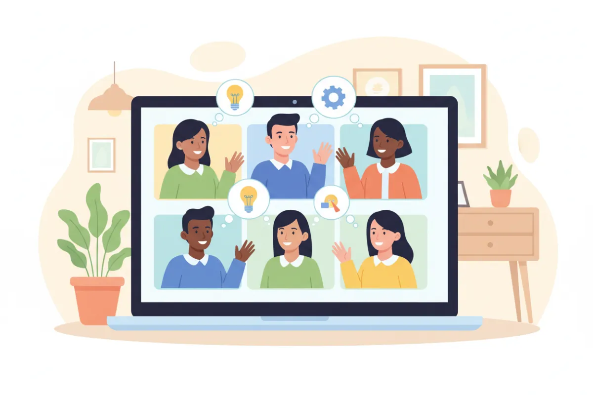 A group of diverse entrepreneurs gather in a virtual meeting, smiling and sharing ideas on their laptops. The background is a bright, welcoming home office. The style is friendly, digital, and inclusive.