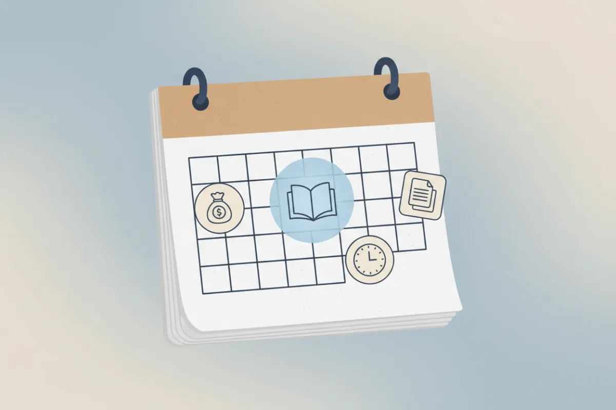 A digital illustration of a calendar page with a highlighted 'Admin Day,' with icons for money, documents, and a clock in soft blues and warm neutrals.