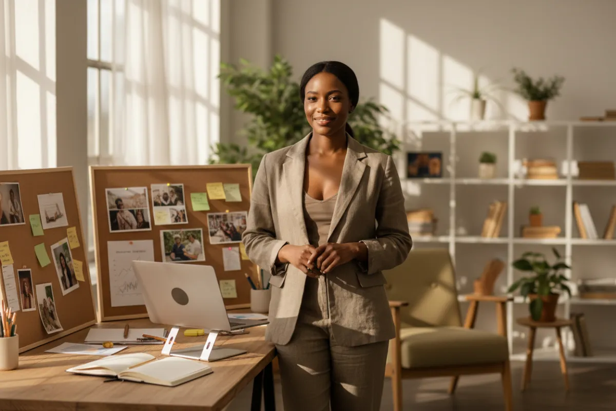 A confident woman of color entrepreneur stands in a sunlit studio, surrounded by vision boards and a laptop, smiling with calm determination. The background is softly blurred, evoking clarity and focus. The style is natural, warm, and inviting.