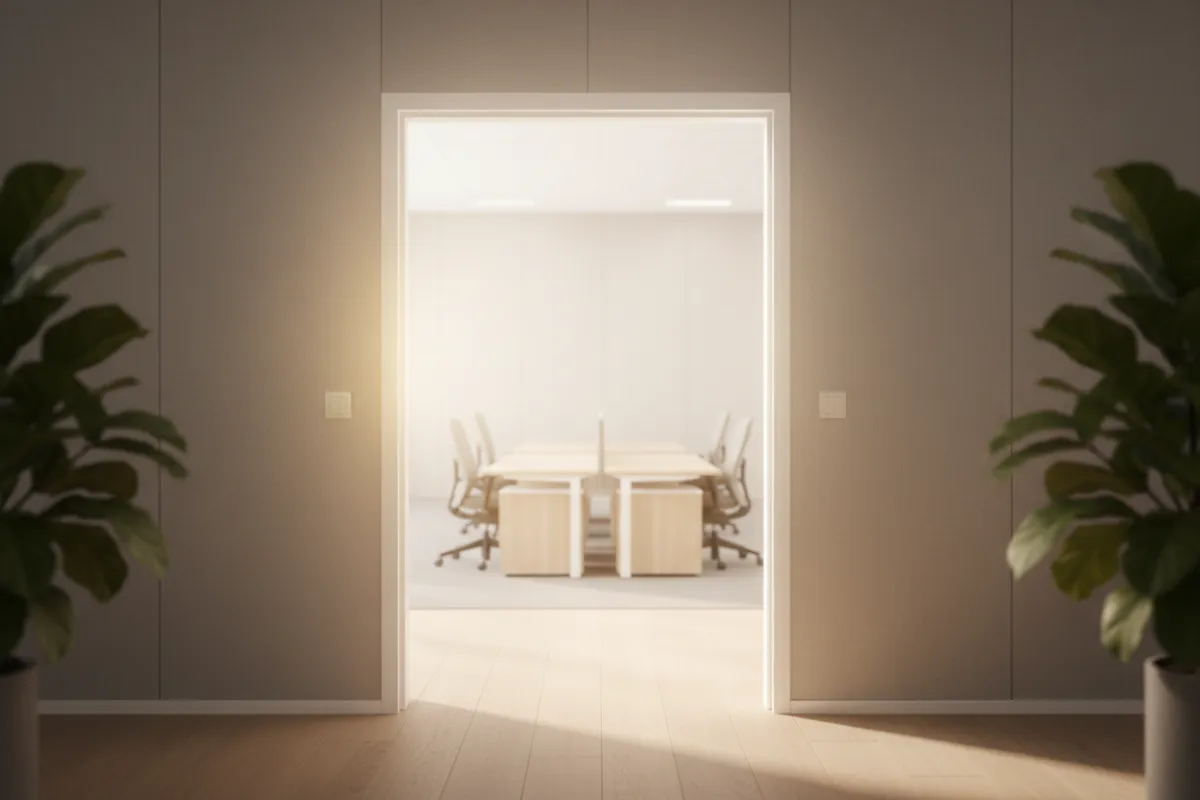 A welcoming open door with gentle sunlight in a modern office, symbolizing supportive coaching.