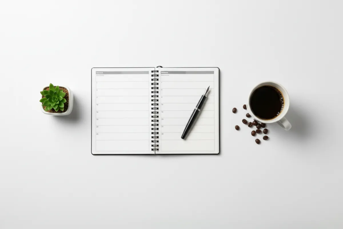 Organized desk with planner, pen, coffee, and plant arranged neatly on a white background.