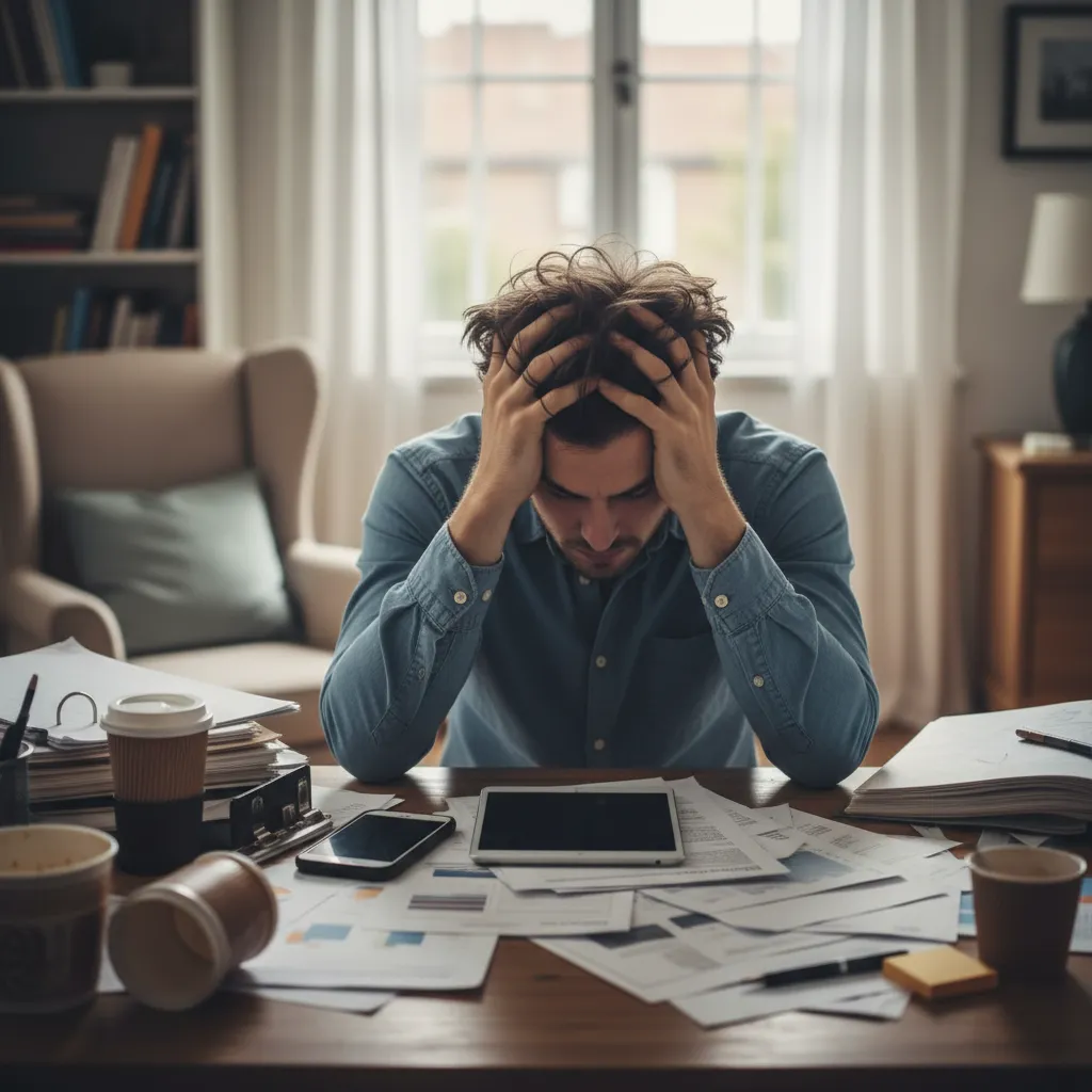 A stressed entrepreneur sits at a cluttered desk, hands in hair, surrounded by paperwork and a phone. The background is a muted home office. The style is realistic and relatable.