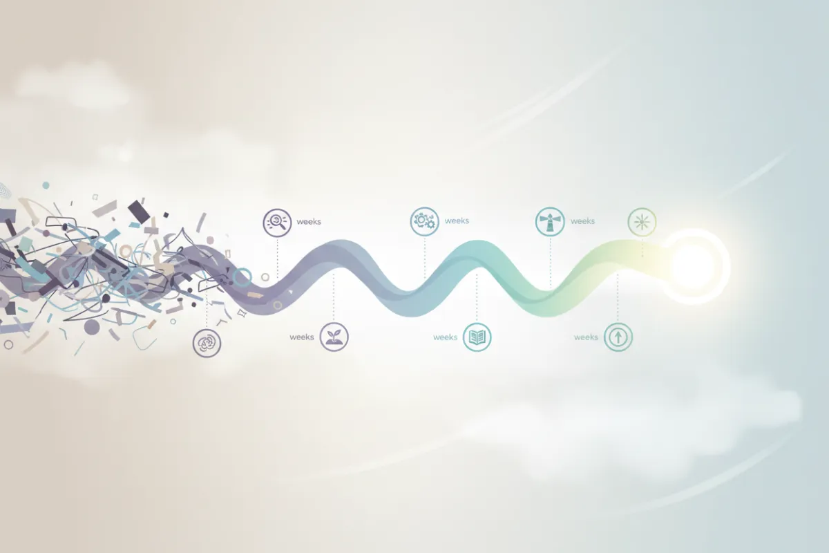A timeline illustration shows a path winding from chaos to clarity, with icons for each week. The background is soft and neutral, evoking progress and hope. The style is clean and modern.