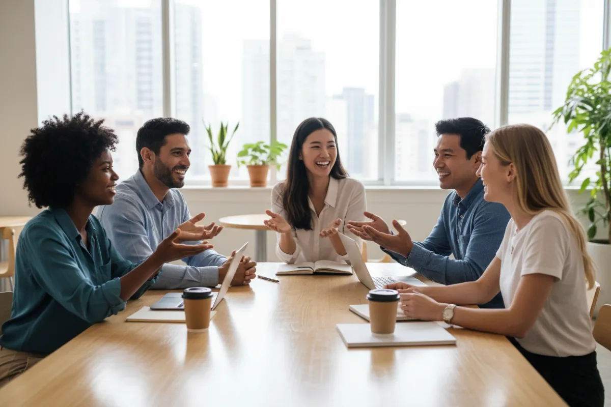 A diverse group of entrepreneurs collaborate around a table, sharing ideas and smiling. The setting is a bright, modern co-working space. The style is optimistic, collaborative, and fresh.