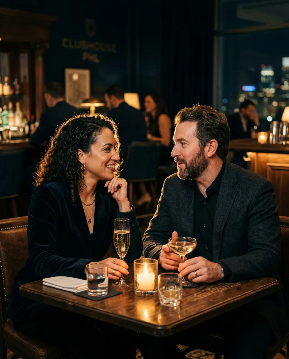 An intimate, candlelit conversation between two elegant guests in a private social club